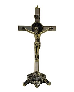 Crucifixo De Mesa Metal 27cm Ouro Velho Espelhado