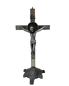 Crucifixo De Mesa Metal 27cm Prateado Espelhado