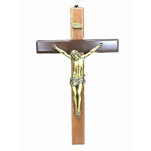 Crucifixo Parede Cruz Madeira Cristo Bronze 17cm