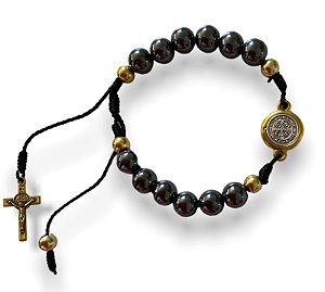 Pulseira Hematita Medalha de São Bento Regulável Cruz