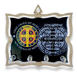 Porta Chave Medalha De Sao Bento Com Oração Madeira Resinada