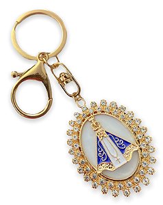 Chaveiro Nossa Senhora Aparecida Strass Dourado Mosquetao