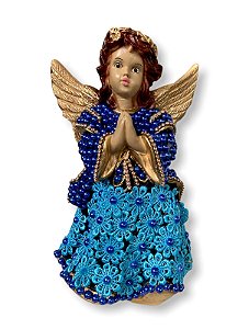 Imagem Anjo Da Guarda Perola Azul Com  Flor Croche 23cm