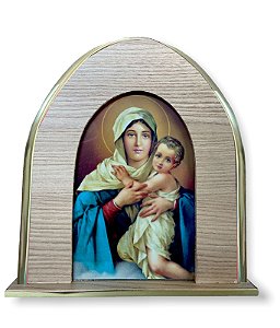 Capela Mãe Rainha Perfil Dourado Pedestal Com Vidro 27x25cm