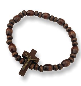 12 Pulseiras Madeira Imbuia Cruz Com Cristo Elastico