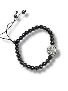 Pulseira Hematita Sao Bento Regulavel Medalhas Metal