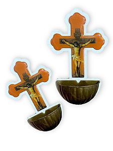 Pia Para Água Benta Crucifixo Cruz Madeira Mdf Resinado 14cm