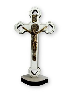 Cruz Crucifixo De Parede Madeira Metal São Bento Branco 28cm