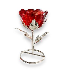 Castiçal Metal Com Flor Vidro Vermelho 13cm