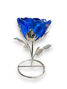 Castiçal Metal Com Flor Vidro Azul 13cm