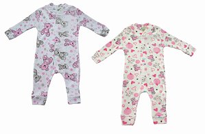 KIT MACACÃO INFANTIL ESTAMPADO GATINHA OFF WHITE E URSO BRANCO - JEITO INOCENTE