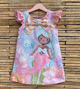 Vestido Infantil Menina - Fantasia Sereia com Calda Azul em Poliéster