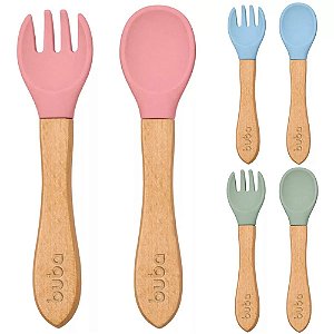 Kit 2 Talheres Garfo E Colher Bebê Em Silicone E Bambu Buba