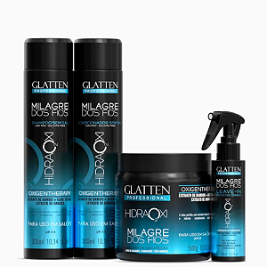 Kit Hidraoxi Milagre dos Fios Glatten Professional Shampoo + Condicionador + Máscara + Leavin-in