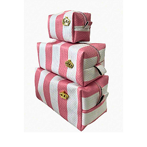 Kit 3 Nécessaires Branca com Rosa Feminina Organizadora para Maquiagem e Cosmético para Viagem