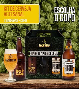 Kit de Cerveja artesanal com Pilsen 600ml + HOP Lager 500ml + Copo à sua escolha