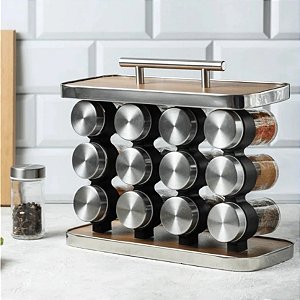 Porta Tempero de Aço Inox com 12 Potes de Vidro + Suporte