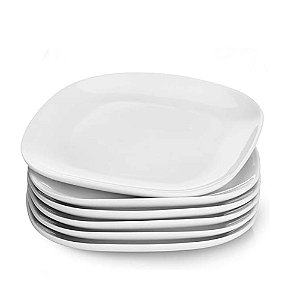 Jogo 6 Pratos Rasos Sobremesa Quadrado Opaline Vidro Branco 22 cm