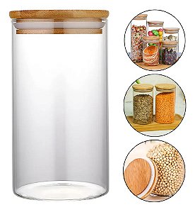Pote Hermético De Vidro Com Tampa De Bambu 900ml Mantimentos