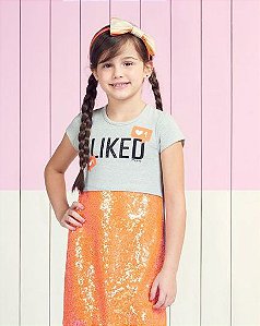 VESTIDO T-DRESS PAETÊ LARANJA E MESCLA