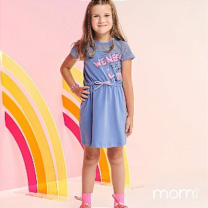 VESTIDO COM TELA AZUL MOMI WE NEED TO BE HAPPIER 6 8 12