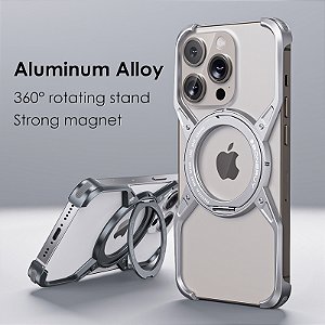 Metal Alumínio Liga 360 ° Rotation Stand Rimless Phone Case para iPhone 15 14 13 Pro Max MagSafe Magnetic Bumper Cover