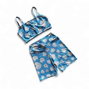 Conjunto Bermuda Básica Cintura Alta Azul e Cinza
