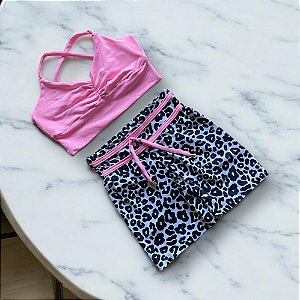 Conjunto Shorts Empina e Laço Fake Cintura Alta Onça Preto e Branco Viés Rosa