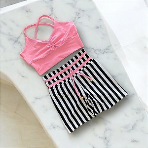 Conjunto Shorts Empina e Laço Fake Cintura Alta Listras e Top Rosa