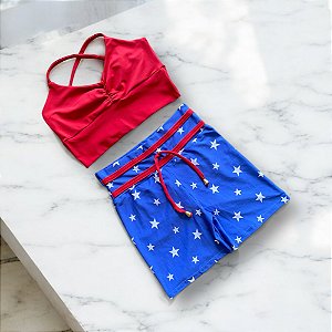 Conjunto Shorts Empina e Laço Fake Cintura Alta Mulher Maravilha