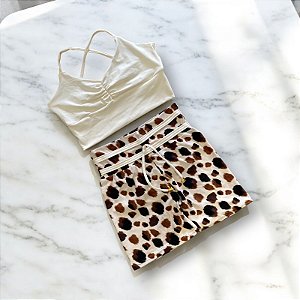 Conjunto Shorts Empina e Laço Fake Cintura Alta Animal Print Off White
