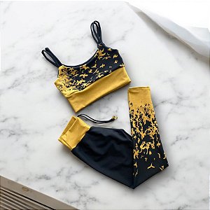 Conjunto Calça Empina e Cordinha Cintura Alta Jacquard Pássaros Preto e Amarelo