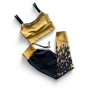 Conjunto Calça Empina e Cordinha Cintura Alta Jacquard Pássaros Preto e Amarelo
