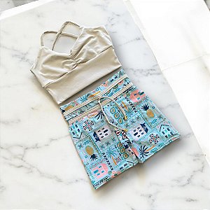 Conjunto Shorts Empina e Laço Fake Cintura Alta Azul Claro e Offwhite
