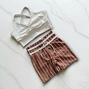 Conjunto Shorts Empina Bumbum Cintura Alta Listras Marrom e Offwhite