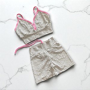 Conjunto Shorts Empina e Laço Fake Cintura Alta Mini Poá Branco e Rosinha