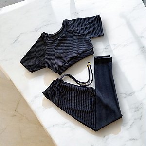 Conjunto Calça Básica Cintura Alta Cordinha Poliéster Canelado Preto