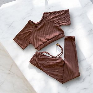 Conjunto Calça Básica Cintura Alta Cordinha Poliéster Canelado Marrom