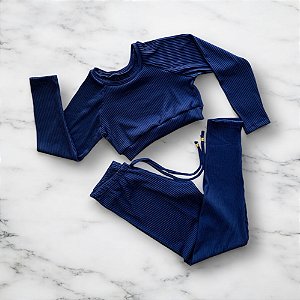 Conjunto Calça Básica Cintura Alta Poliéster Canelado Azul Marinho