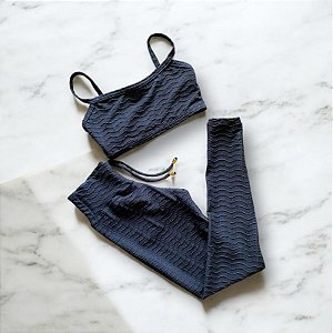 Conjunto Calça Empina e Cordinha Cintura Alta Texturizado Jacquard Ondas Preto
