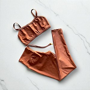 Conjunto Calça Empina e Cordinha Cintura Alta Canelado Compressão Chocolate