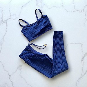 Conjunto Calça Empina e Cordinha Cintura Alta Jacquard Textura Ondas Marinho