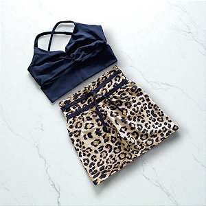 Conjunto Shorts Cintura Alta Laço Fake Onça 3d