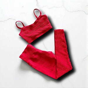 Conjunto Calça Básica Cintura Alta Jacquard Textura Ondas Vermelho