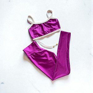Conjunto Calça Empina e Cordinha Cintura Alta Canelado Compressão Ametista e Off White
