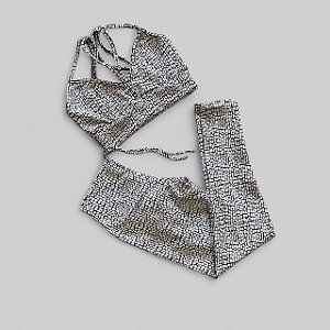 Conjunto Calça Empina e Cordinha Cintura Alta Jacquard Preto e branco