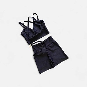 Conjunto Shorts Empina e Cordinha Cintura Alta Canelado Compressão Preto Luxo