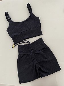 Conjunto Shorts Empina Cintura Alta Jacquard Preto
