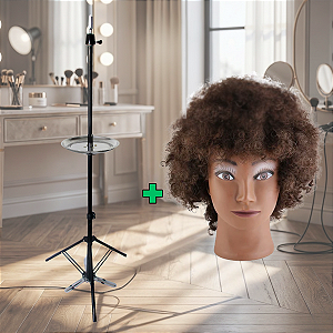 Cabeça de Boneca para Treino Cabelo Afro + Tripé com Bandeja , Babeiro , Cabeleireiro