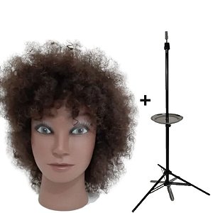 Cabeça de Boneca para Treino Cabelo Afro + Tripé com Bandeja